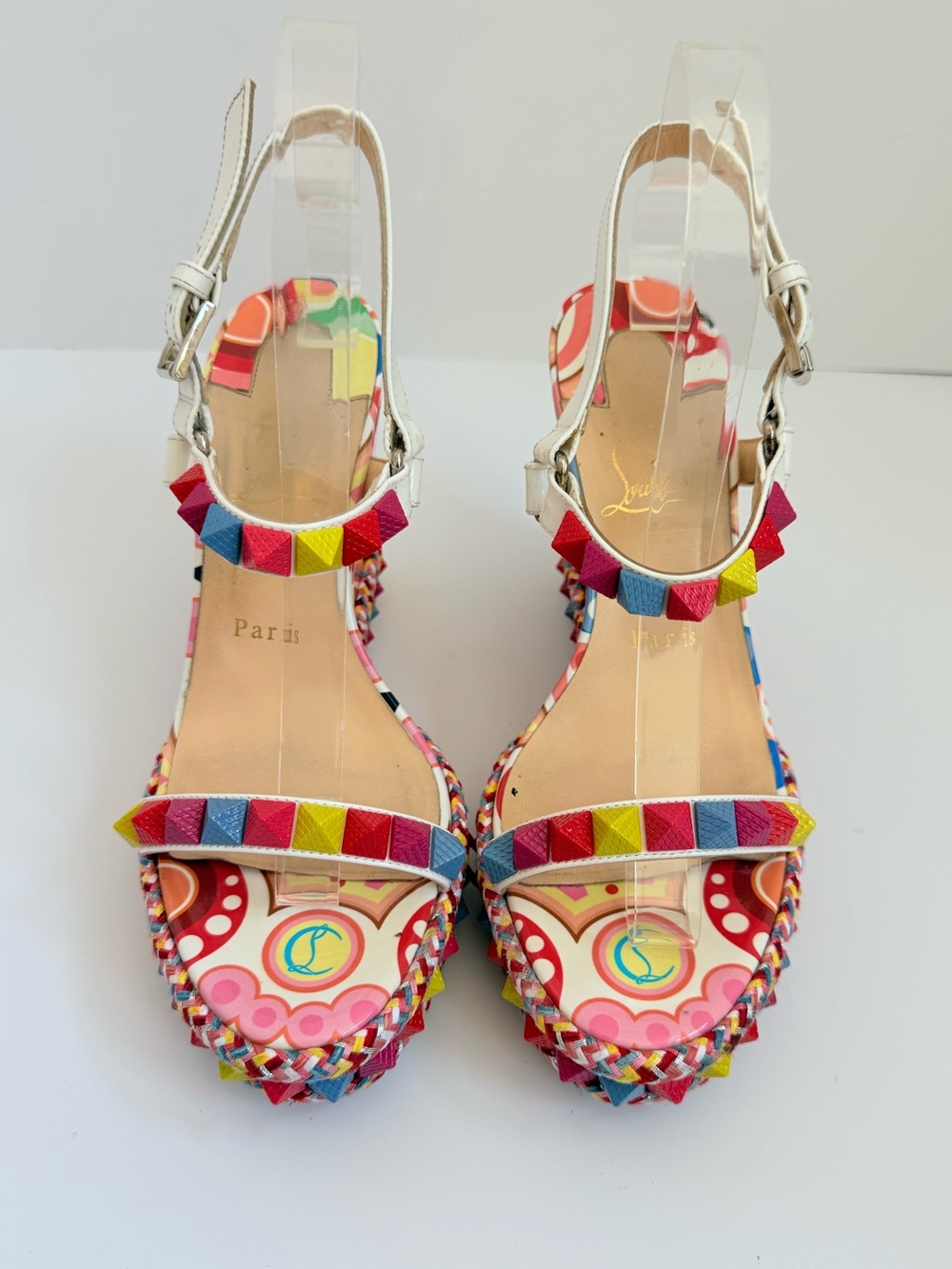 Christian Louboutin Pyraclou 110 Toile Bengale Multicolor Platform Wedge EU 38 - Picture 2 of 10